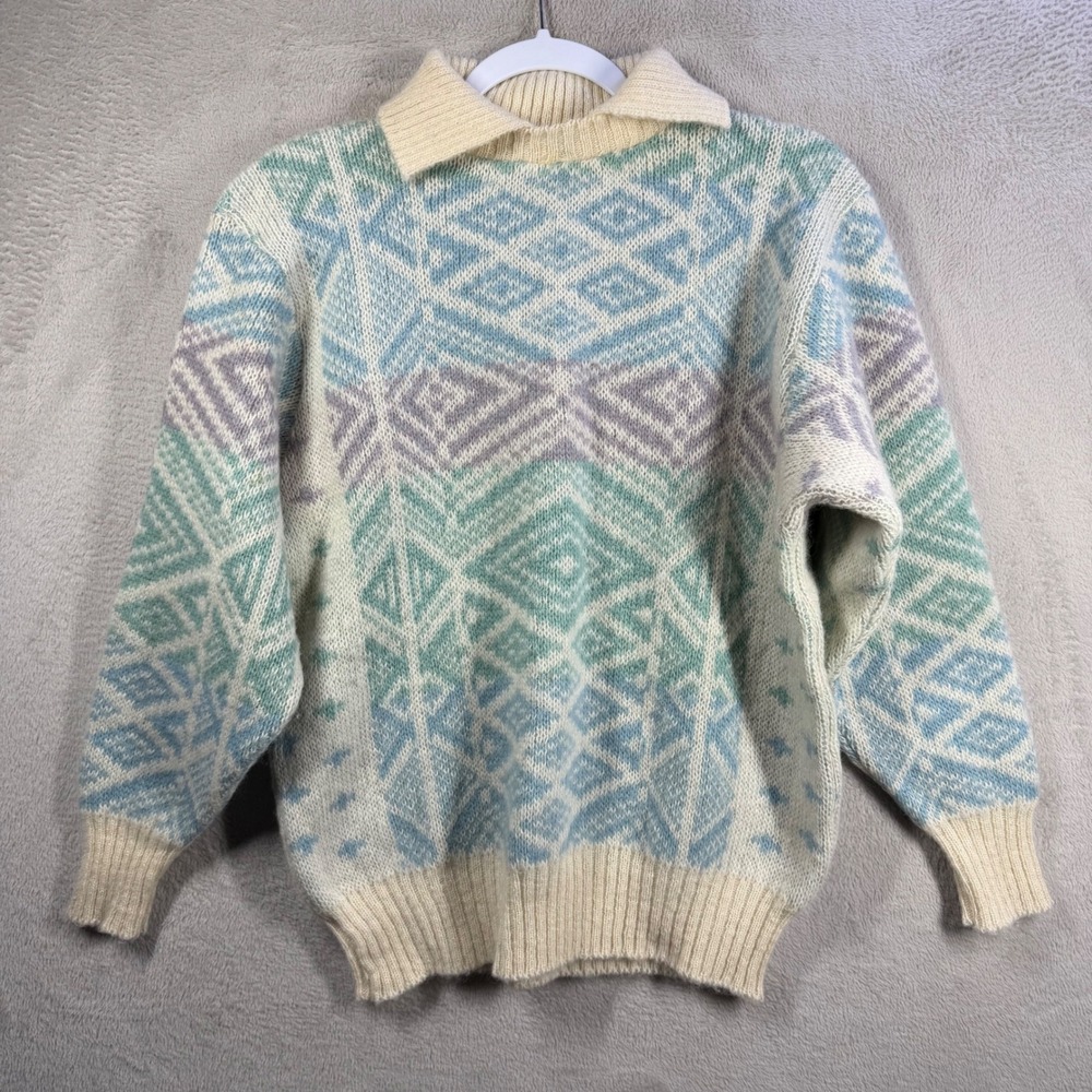 James Pringle Scotland Sweater Women S Cream Pastel Wool Vtg Fair Isle Polo Knit